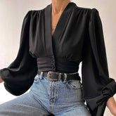 V-neck Lantern Sleeve Patchwork Printing Blouse